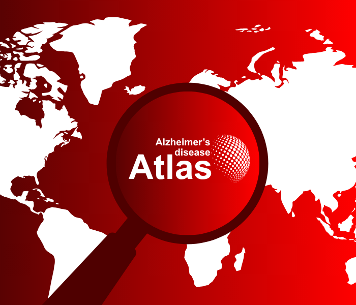 Alzheimer’s Disease Atlas: mapa mundial com uma lupa e o nome do Atlas