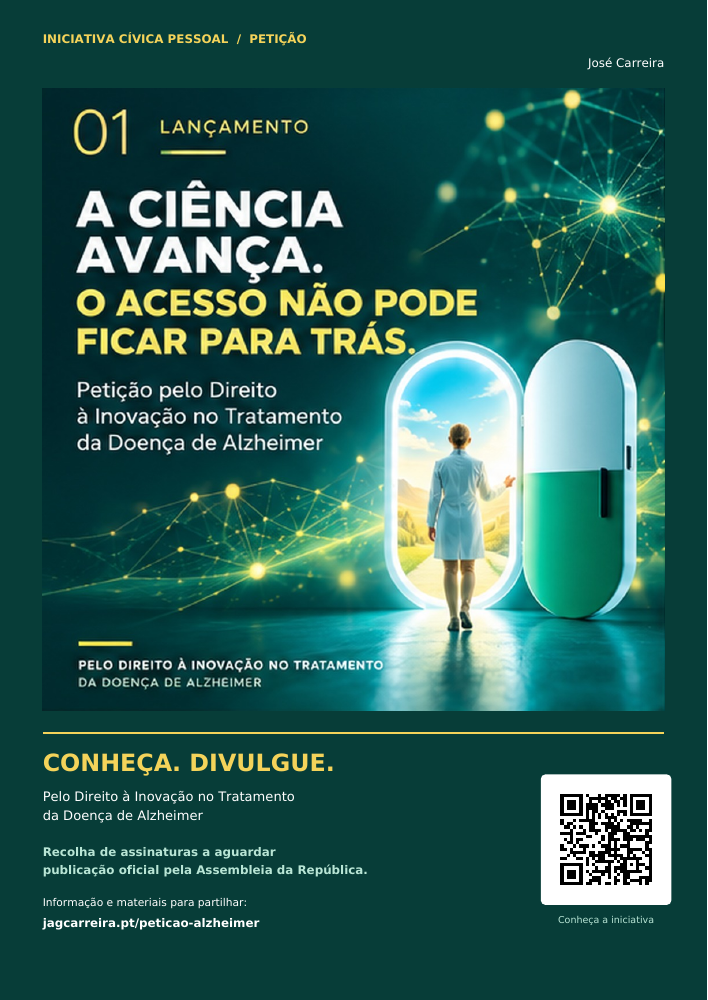 Cartaz A4: A ciência avança. O acesso não pode ficar para trás. Inclui código QR para conhecer a petição.